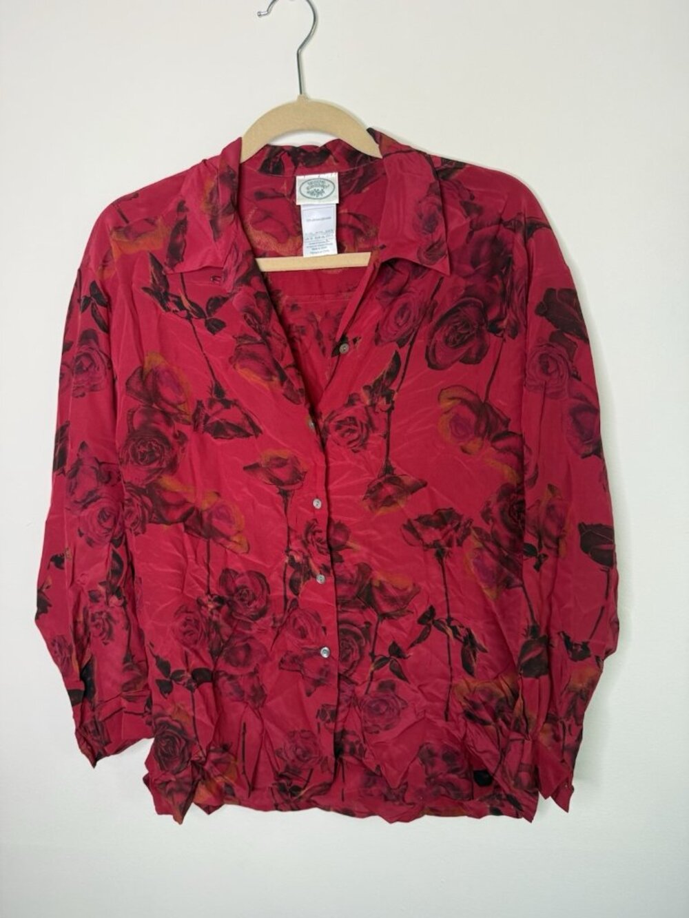 Vintage 90s Laura Ashley Silk Button Shirt Top Floral Flowers Red